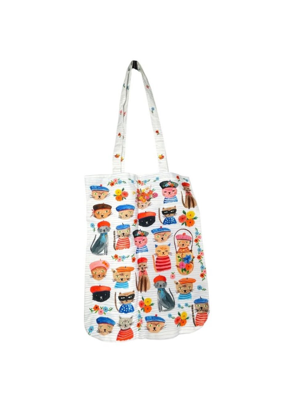 Colorful Cat Print Tote Bag By Bon Artis With Long Straps 16"x13" Cotton Canvas